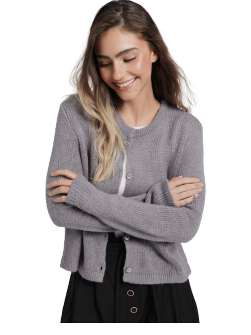 NIA Light Gray Crewneck Button-Front Cardigan